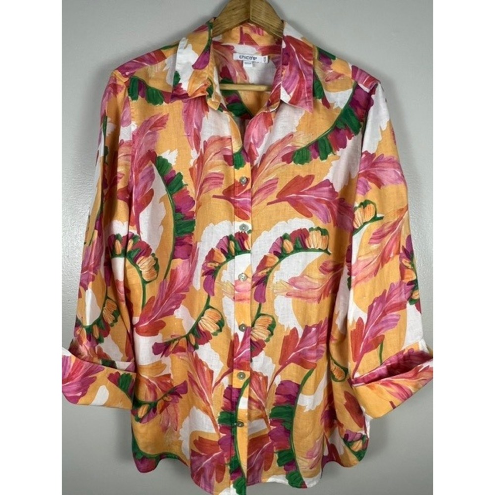 Chico's Womens Button Down 100% Linen Shirt Size 2.5 US 14 Foliage Tropical